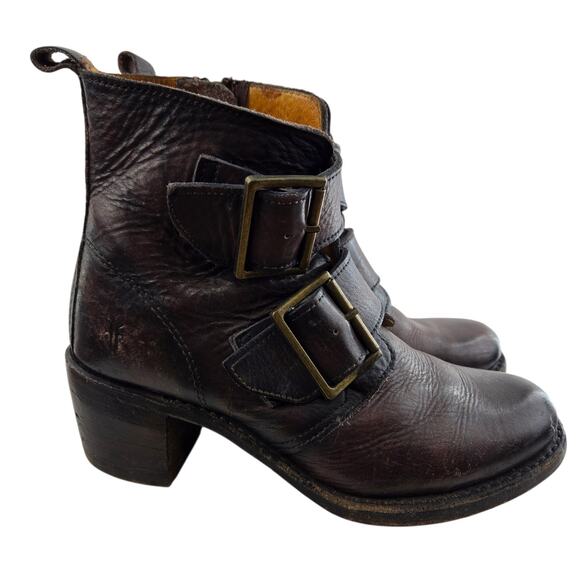 Frye Ankle Boots Womens 8.5 M Sabrina Double Buckle Moto Booties Brown Leather - Picture 1 of 12